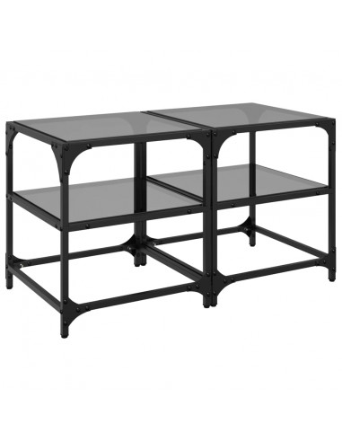 Tavolini da Salotto con Piano Vetro Nero 2pz 40x40x45cm Acciaio