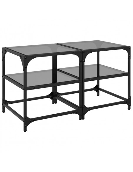 Tavolini da Salotto con Piano Vetro Nero 2pz 40x40x45cm Acciaio