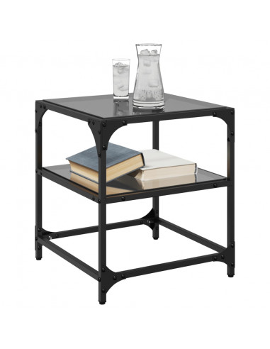 Tavolini da Salotto con Piano Vetro Nero 2pz 40x40x45cm Acciaio
