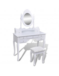 Tavolo da Trucco con Specchio e Sgabello 7 Cassetti Bianco 2