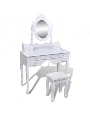 Tavolo da Trucco con Specchio e Sgabello 7 Cassetti Bianco