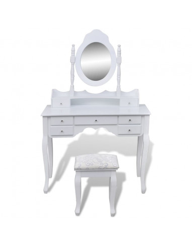 Tavolo da Trucco con Specchio e Sgabello 7 Cassetti Bianco