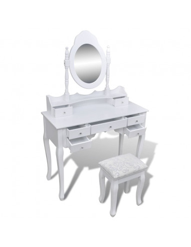 Tavolo da Trucco con Specchio e Sgabello 7 Cassetti Bianco