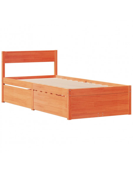 Letto Cassetti e Materasso Marrone Cera 90x200cm Massello Pino