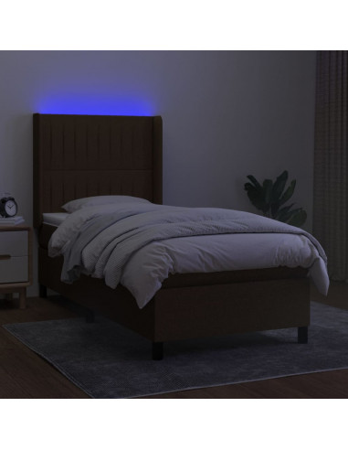 Letto a Molle Materasso e LED Marrone Scuro 90x190cm in Tessuto