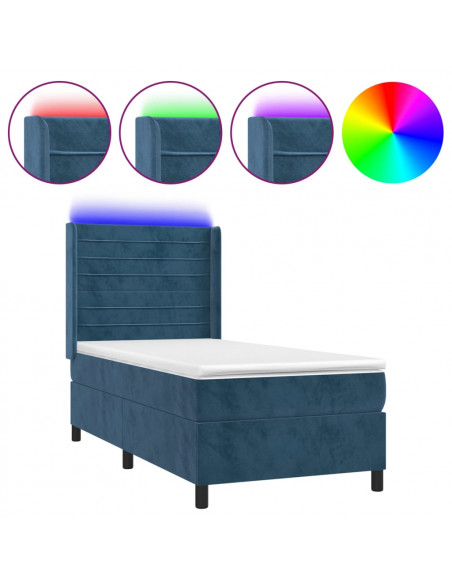 Letto a Molle con Materasso e LED Blu Scuro 90x200cm in Velluto