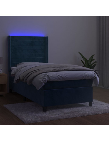 Letto a Molle con Materasso e LED Blu Scuro 90x200cm in Velluto