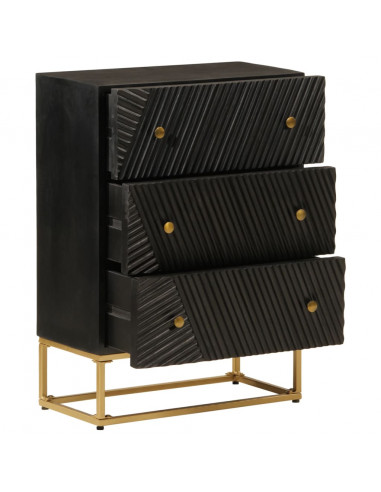 Cassettiera Nera 55x30x76 cm in Legno Massello di Mango e Ferro