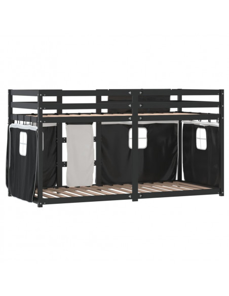 Letto a Castello con Tende Bianco e Nero 90x200cm Massello Pino