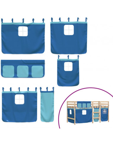Letto a Soppalco con Tende Bambini Blu 90x200 cm Massello Pino