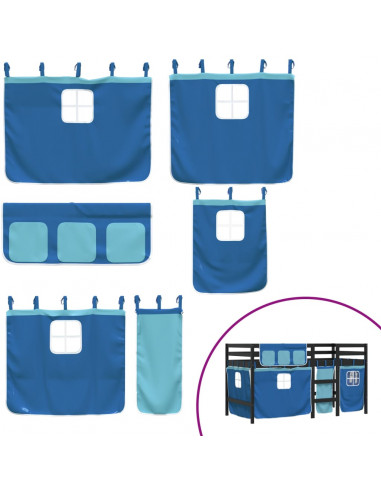 Letto a Soppalco con Tende Bambini Blu 90x200 cm Massello Pino