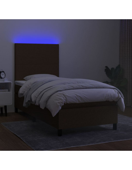 Letto a Molle Materasso e LED Marrone Scuro 90x190cm in Tessuto