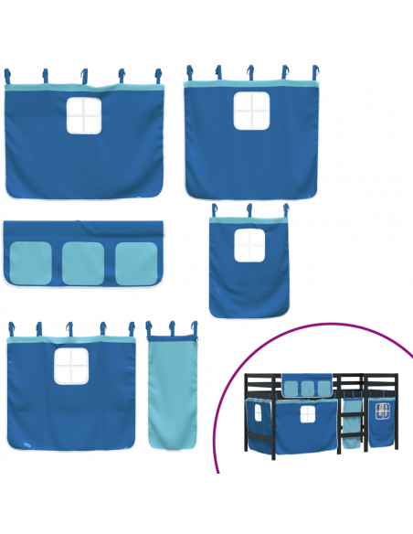 Letto a Soppalco con Tende Bambini Blu 80x200 cm Massello Pino