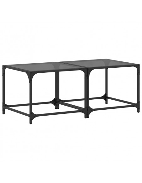 Tavolini da Salotto con Piano Vetro Nero 2pz 50x50x40cm Acciaio