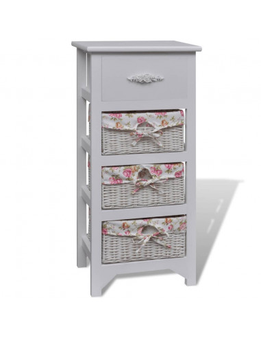 Mobiletto con 1 Cassetto e 3 Cestini Bianco Legno di Paulownia