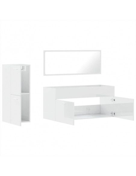 Set Mobili da Bagno 3 pz Bianco Lucido in Legno Multistrato