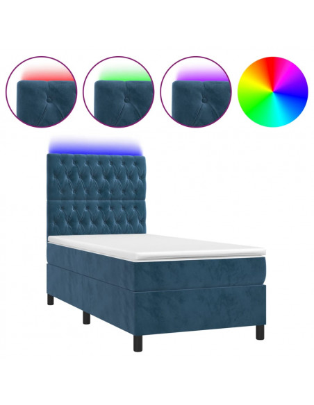 Letto a Molle con Materasso e LED Blu Scuro 90x200cm in Velluto