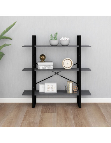 Libreria a 3 Ripiani Grigia 100x30x105 cm in Massello di Pino