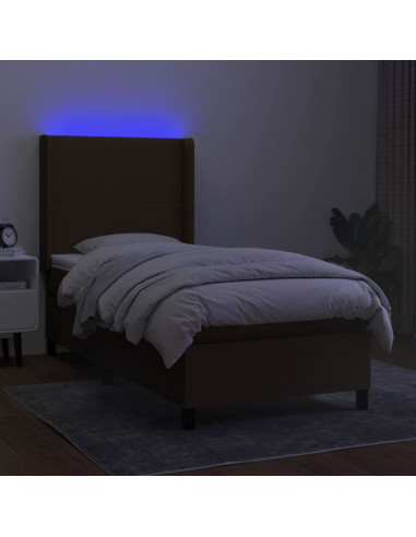 Letto a Molle Materasso e LED Marrone Scuro 90x190cm in Tessuto