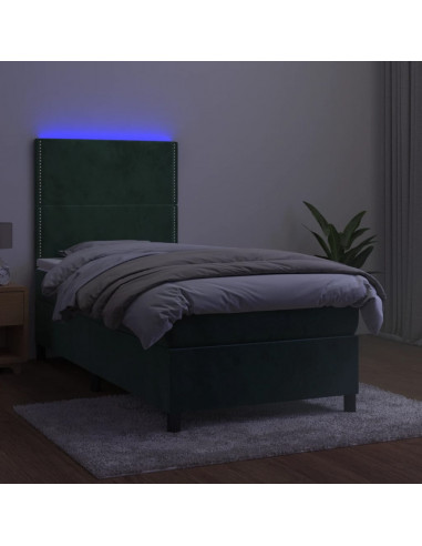 Letto a Molle con Materasso e LED Verde Scuro 90x190 cm Velluto