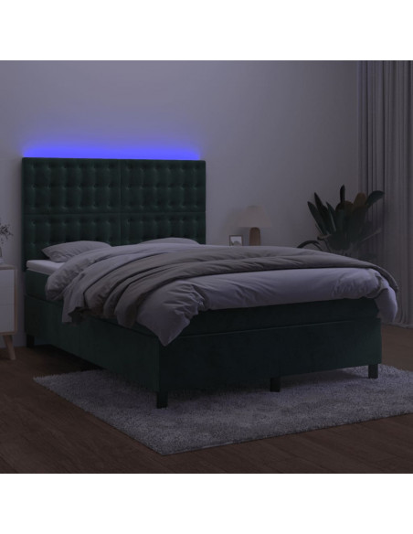 Letto a Molle con Materasso e LED Verde Scuro 140x200cm Velluto