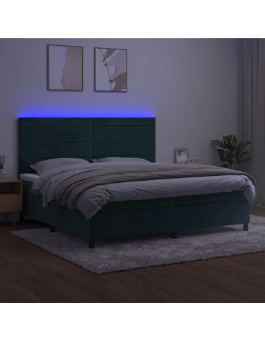 Letto a Molle con Materasso e LED Verde Scuro 200x200cm Velluto