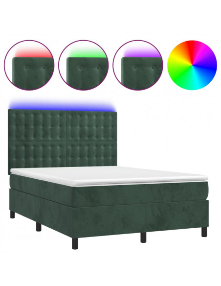 Letto a Molle con Materasso e LED Verde Scuro 140x190cm Velluto