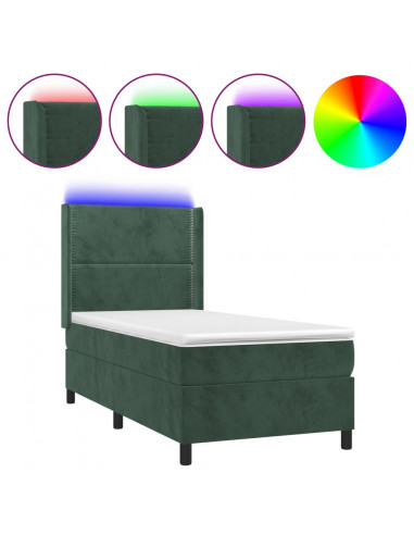 Letto a Molle con Materasso e LED Verde Scuro 90x200cm Velluto