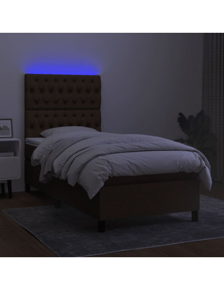 Letto a Molle Materasso e LED Marrone Scuro 90x190cm in Tessuto