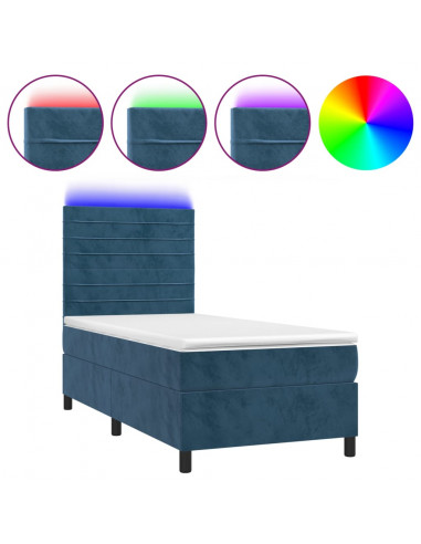 Letto a Molle con Materasso e LED Blu Scuro 90x200cm in Velluto