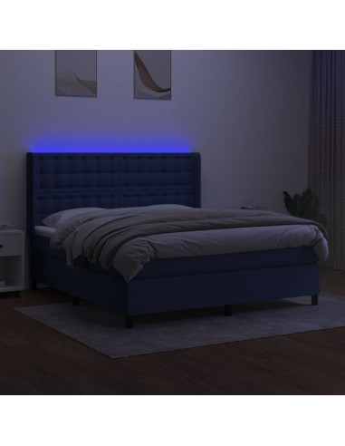 Letto a Molle con Materasso e LED Blu 160x200 cm in Tessuto