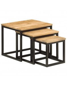 Tavolini a Incastro 3 pz in Legno Massello di Mango e Ferro