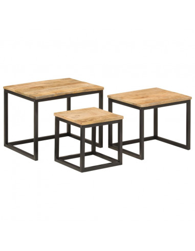 Tavolini a Incastro 3 pz in Legno Massello di Mango e Ferro