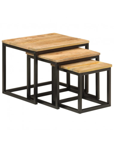 Tavolini a Incastro 3 pz in Legno Massello di Mango e Ferro