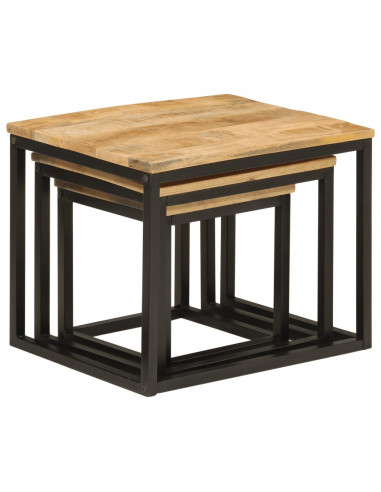 Tavolini a Incastro 3 pz in Legno Massello di Mango e Ferro