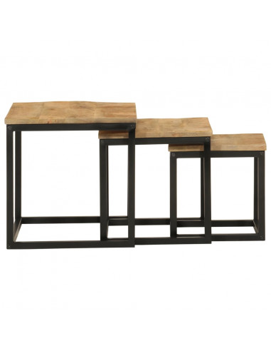 Tavolini a Incastro 3 pz in Legno Massello di Mango e Ferro