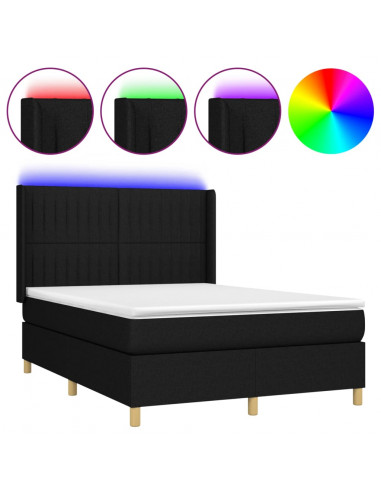 Letto a Molle con Materasso e LED Nero 140x190 cm in Tessuto