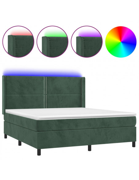 Letto a Molle con Materasso e LED Verde Scuro 180x200cm Velluto