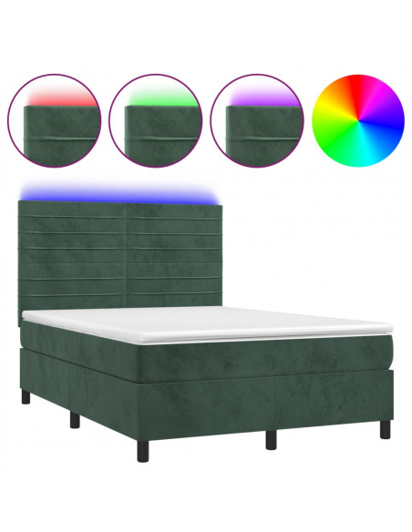 Letto a Molle con Materasso e LED Verde Scuro 140x200cm Velluto