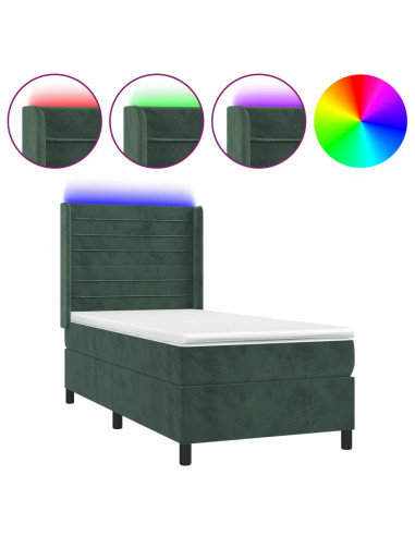Letto a Molle con Materasso e LED Verde Scuro 90x200cm Velluto