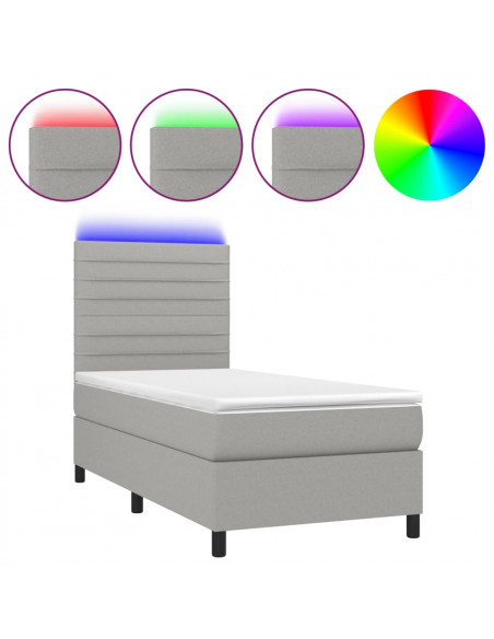 Letto a Molle Materasso e LED Grigio Chiaro 90x190 cm Tessuto