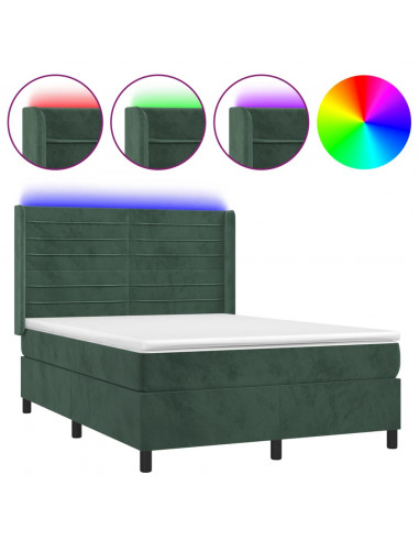 Letto a Molle con Materasso e LED Verde Scuro 140x190cm Velluto