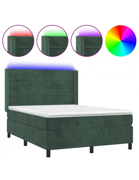 Letto a Molle con Materasso e LED Verde Scuro 140x190cm Velluto