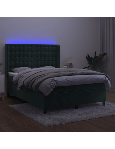 Letto a Molle con Materasso e LED Verde Scuro 140x190cm Velluto