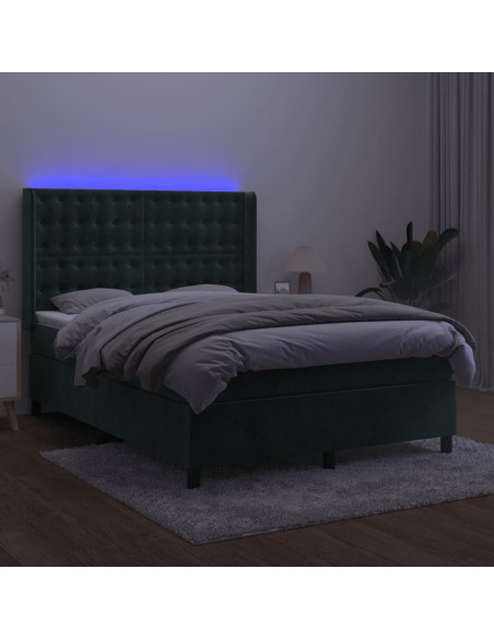 Letto a Molle con Materasso e LED Verde Scuro 140x190cm Velluto