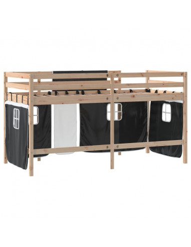 Letto a Soppalco Bambini con Tende Bianco e Nero 90x190 cm Pino