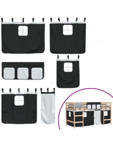 Letto a Soppalco Bambini con Tende Bianco e Nero 90x190 cm Pino