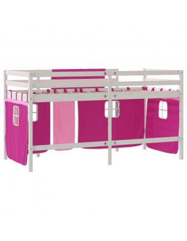 Letto a Soppalco con Tende Bambini Rosa 90x190 cm Massello Pino