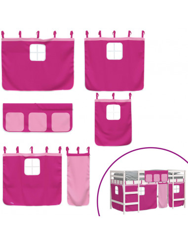 Letto a Soppalco con Tende Bambini Rosa 90x190 cm Massello Pino