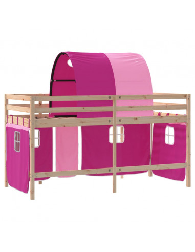 Letto a Soppalco con Tunnel Bambini Rosa 90x190cm Massello Pino